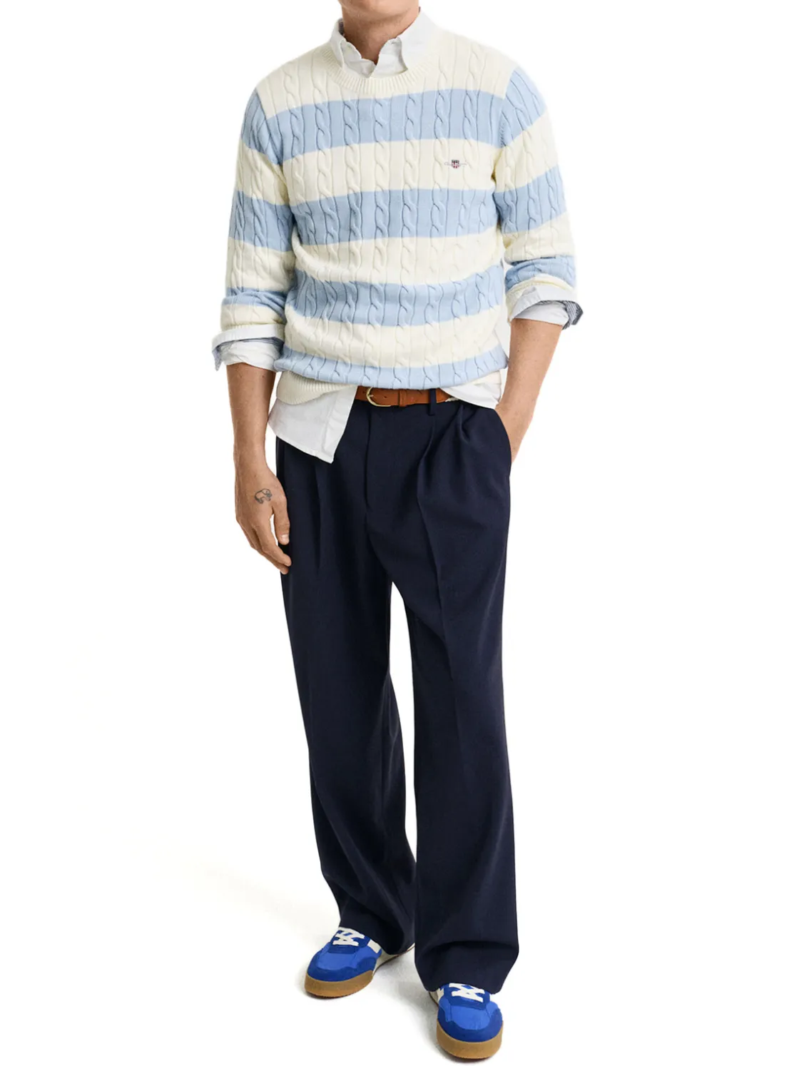 Gant | Striped Cotton Cable C-Neck>Uomo Maglie